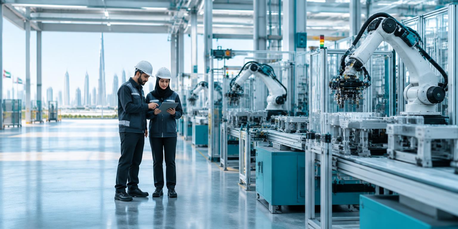 Engineers collaborating on an advanced manufacturing production line